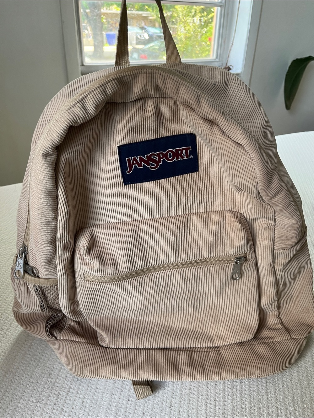 Jansport Beige Corduroy Backpack with Front Pocket